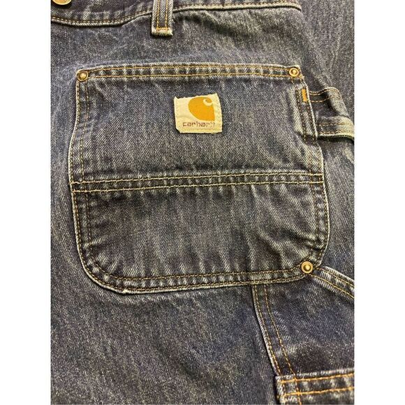 Distressed Carhartt Double knee Blue Denim Pants  Relaxed Fit Rugged Flex Utilit - Picture 10 of 16